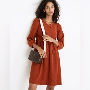 Madewell Corduroy Puff Sleeve Dress XSmall Faded Rust